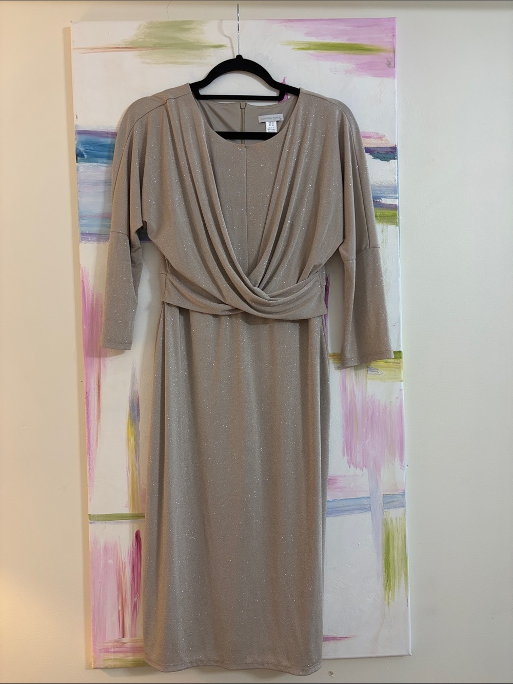 London Times Taupe Glitter Draped Long-Sleeve Dress